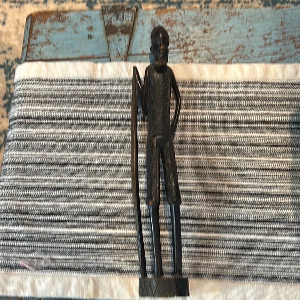 Vintage African Man With Staff Hand Crafted Wood 18" Art Sculpture Statue Ebony